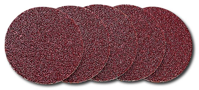 Five round sanding discs made of red sandpaper, arranged evenly side by side.