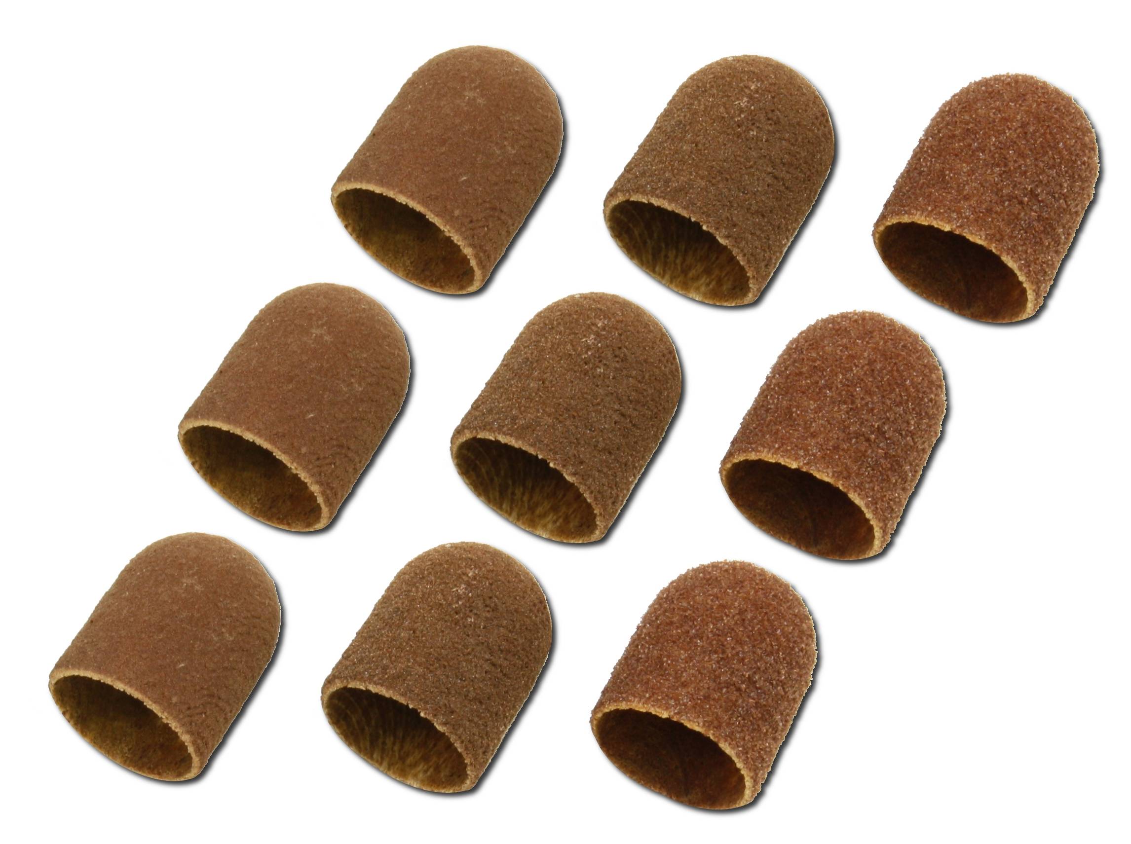 Brown sanding caps, arranged in two rows. They are suitable for use with electric grinding devices.