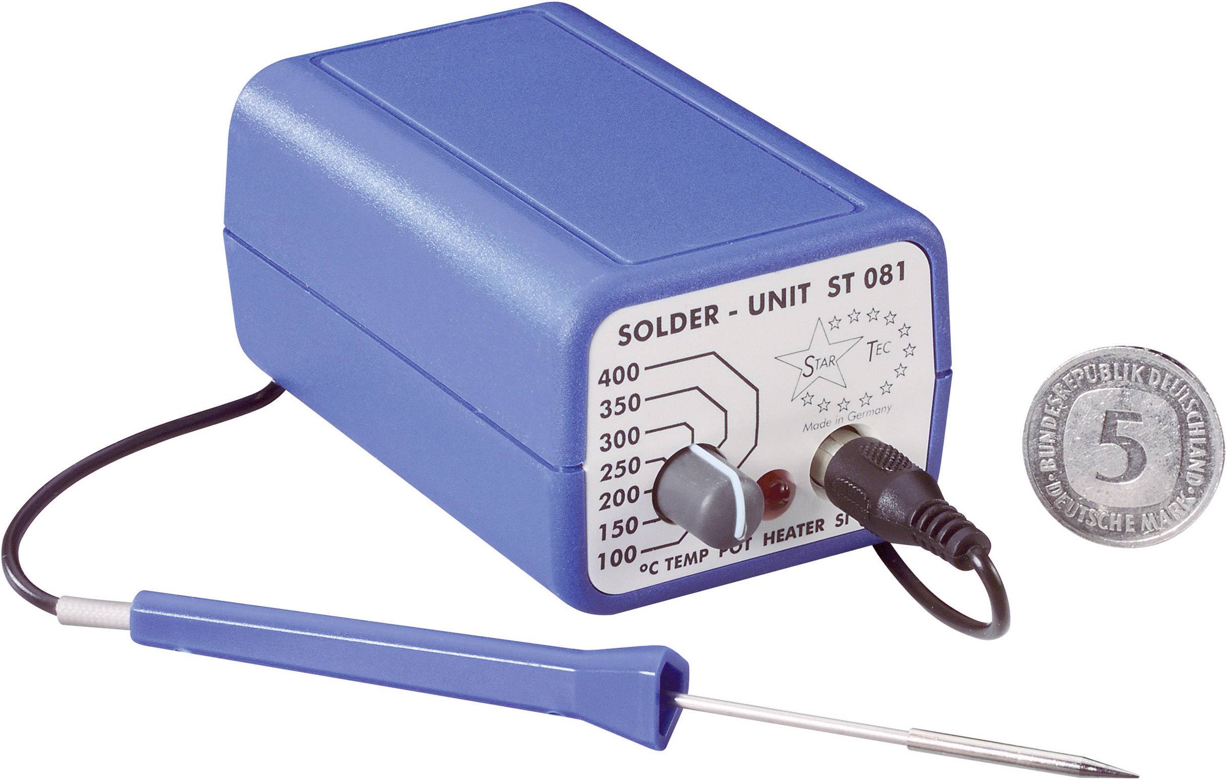 Blue soldering station with temperature control, displaying temperatures from 200°C to 450°C, and soldering iron. A 5-pfennig coin is placed beside it for size comparison.