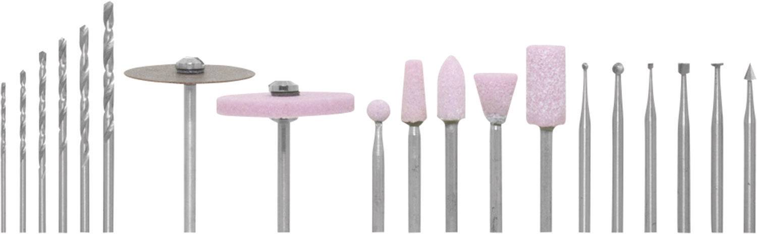 A range of drilling and grinding accessories, including drill bits, cutting discs, and grinding attachments in various shapes and sizes.