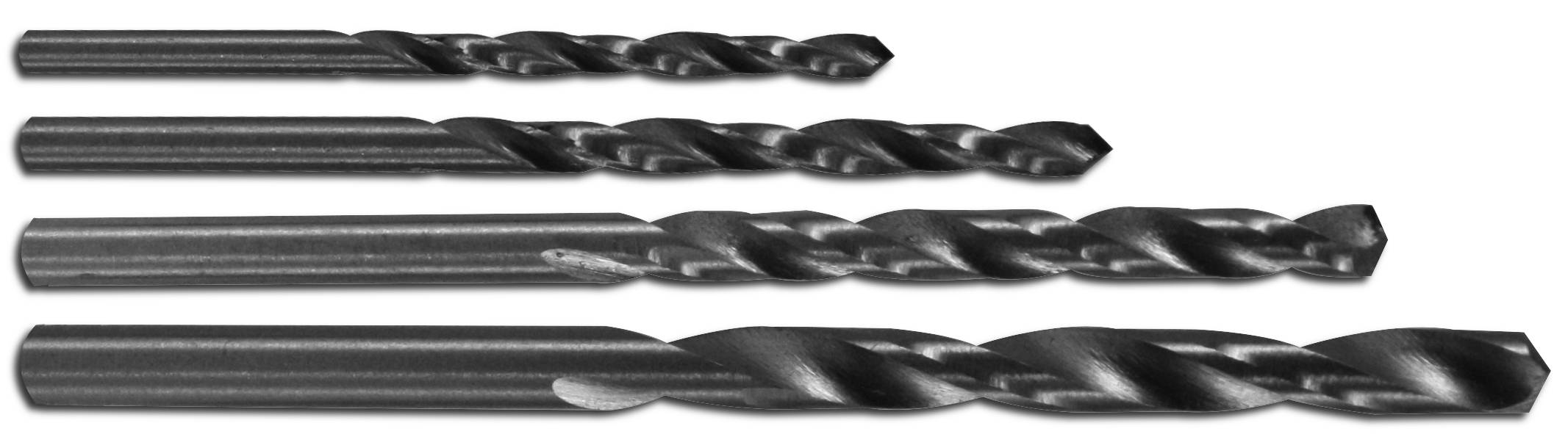 Four black spiral drill bits of different sizes are arranged horizontally. The largest drill bit is located at the bottom.