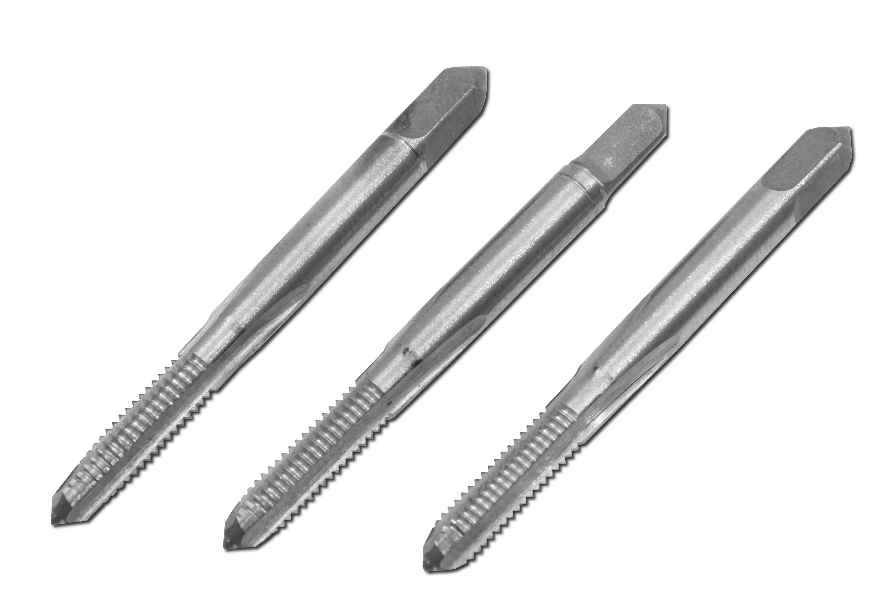 Three silver machine tap drills with sharp cutting heads in an angled arrangement.
