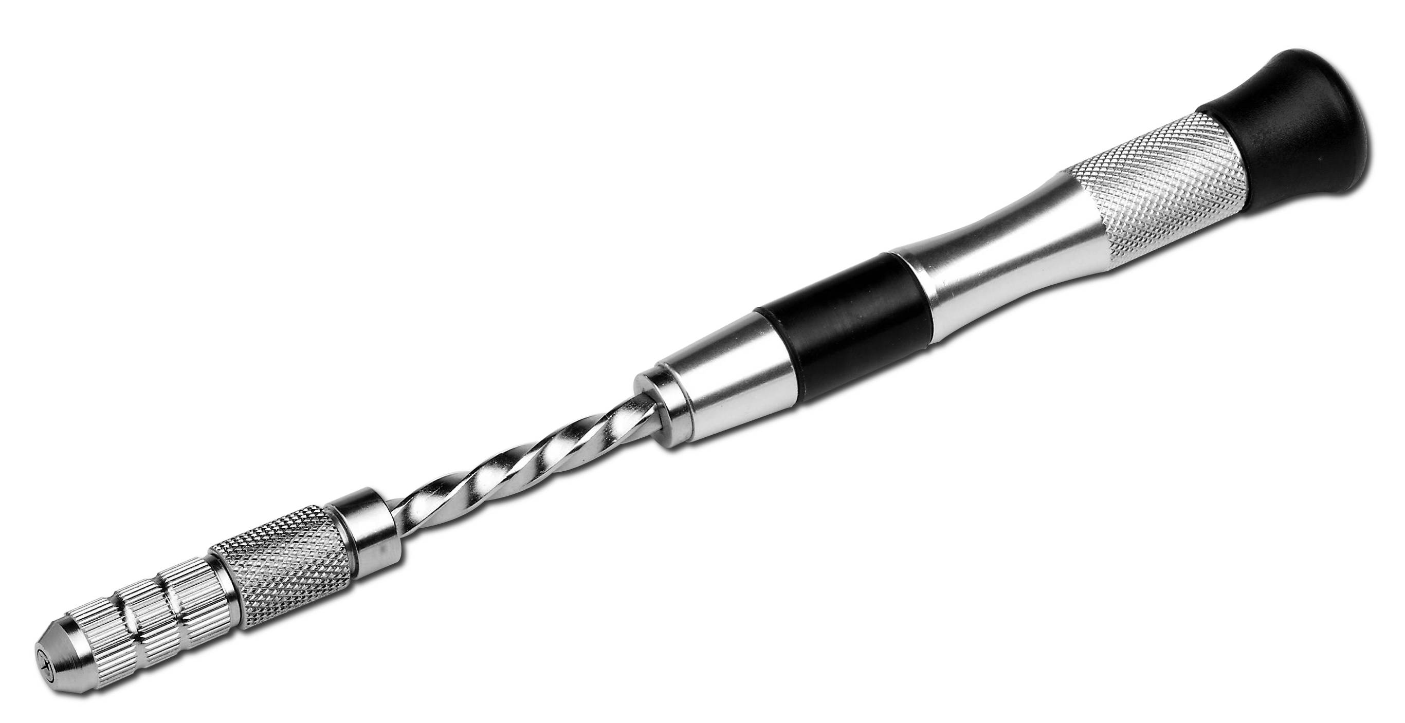 Hand drill with knurled metal handle, suitable for precision drilling of small holes in wood or plastic.