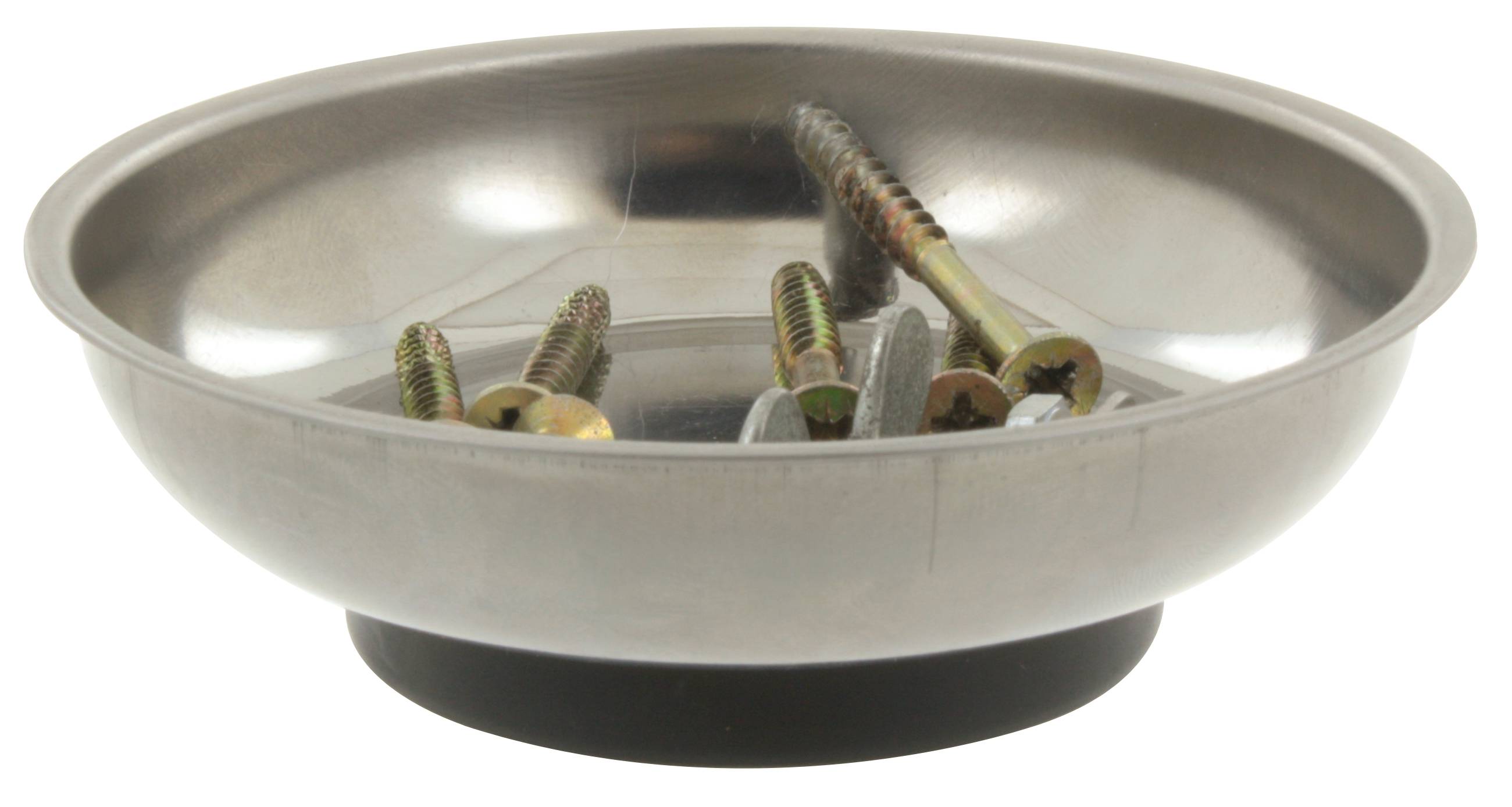 Metal bowl with magnetic base, holds five screws and wall plugs. Ideal for collecting and sorting metal parts in workshops.