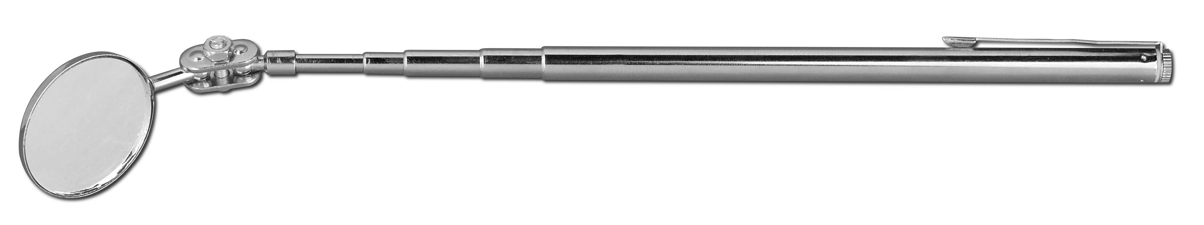 A telescopic inspection mirror with a round mirror and metal handle, often used for hard-to-reach areas during inspections.
