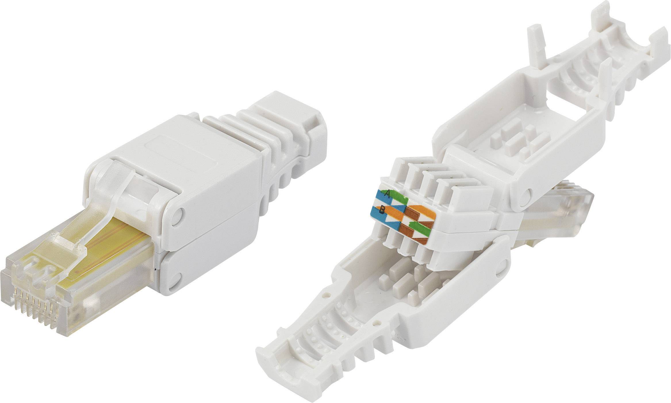 RJ45 Plug: Assembled plug on the left, opened plug showing coloured cable wiring on the right.