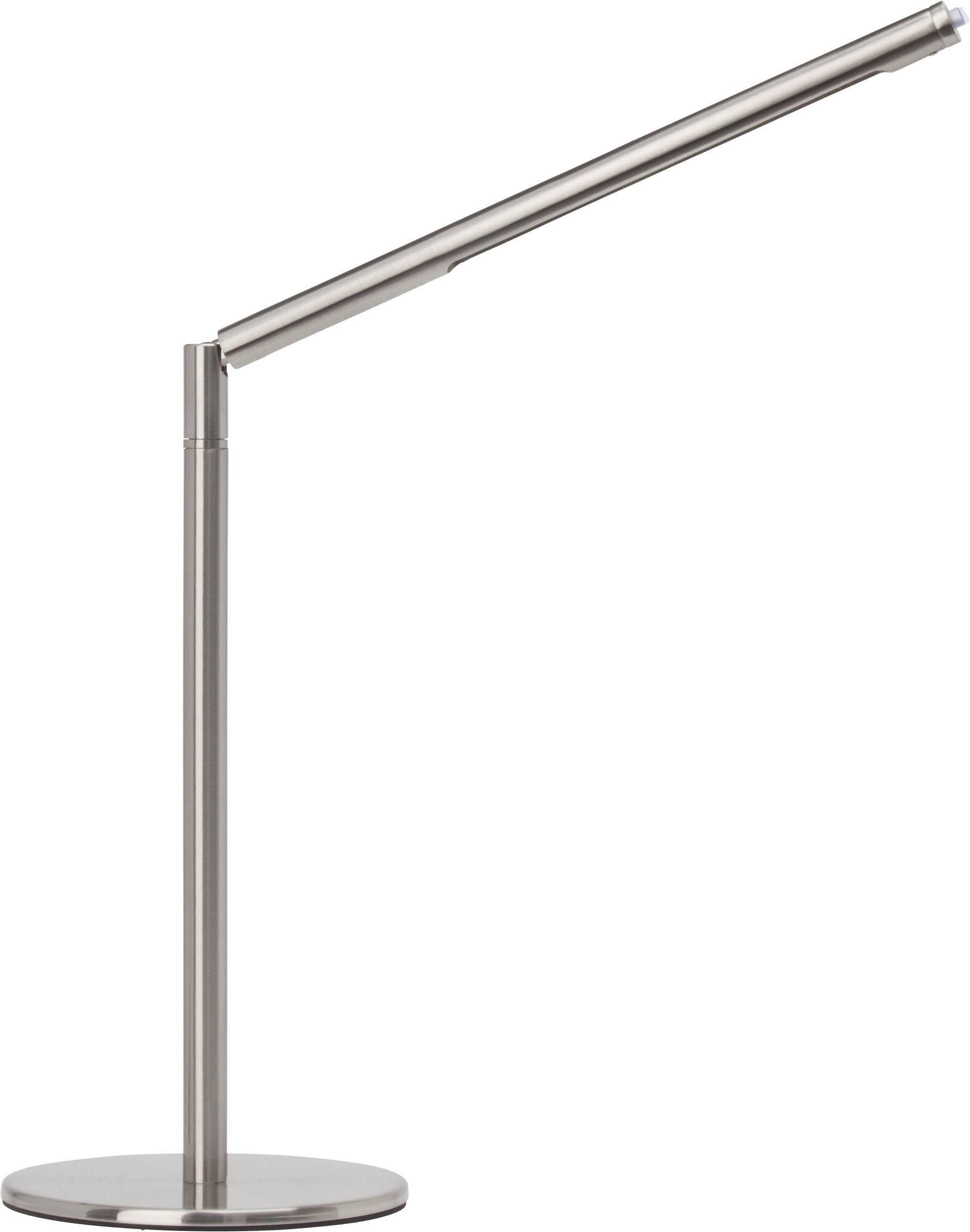 A modern, sleek metal desk lamp with an adjustable, straight arm and round base, suitable for desk lighting.