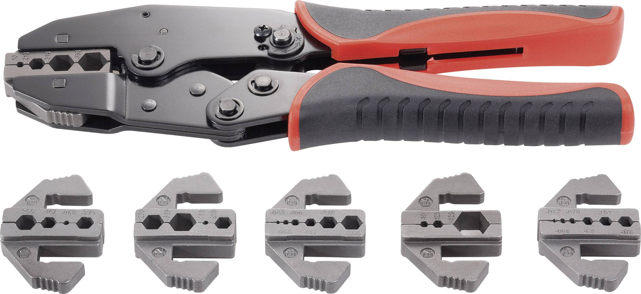 Pictured is a black and red crimping pliers with five interchangeable dies underneath, which can process various cable sizes.