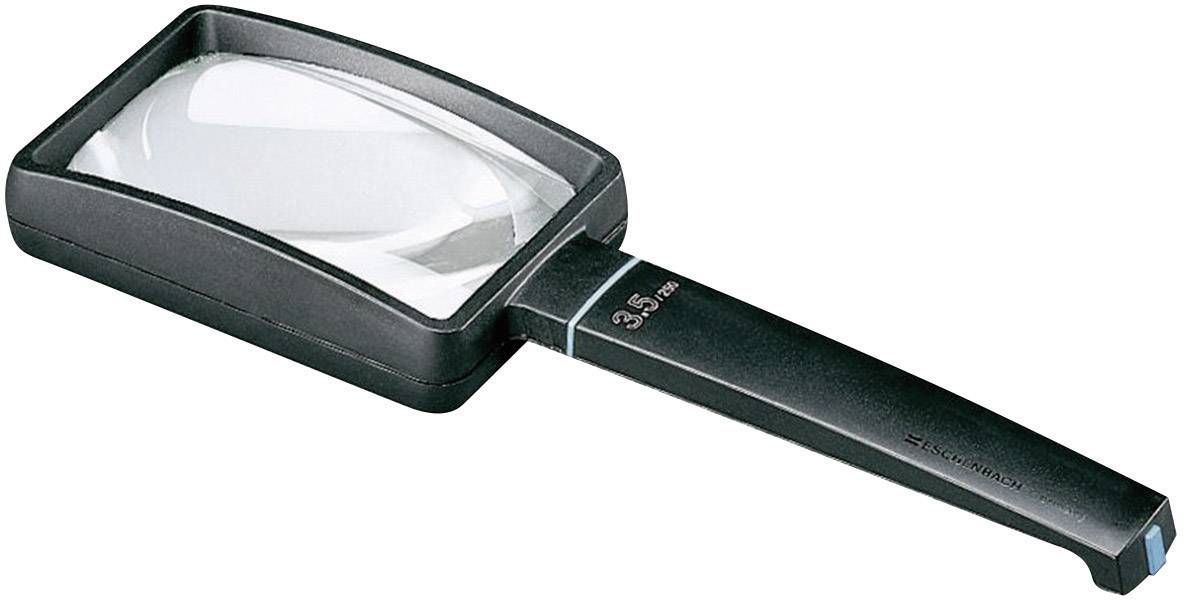 A rectangular magnifying glass with a black handle, suitable for reading small text.