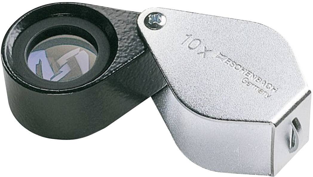 Hand magnifying glass with 10x magnification from Eschenbach, black and silver design, suitable for precise examination of small details.