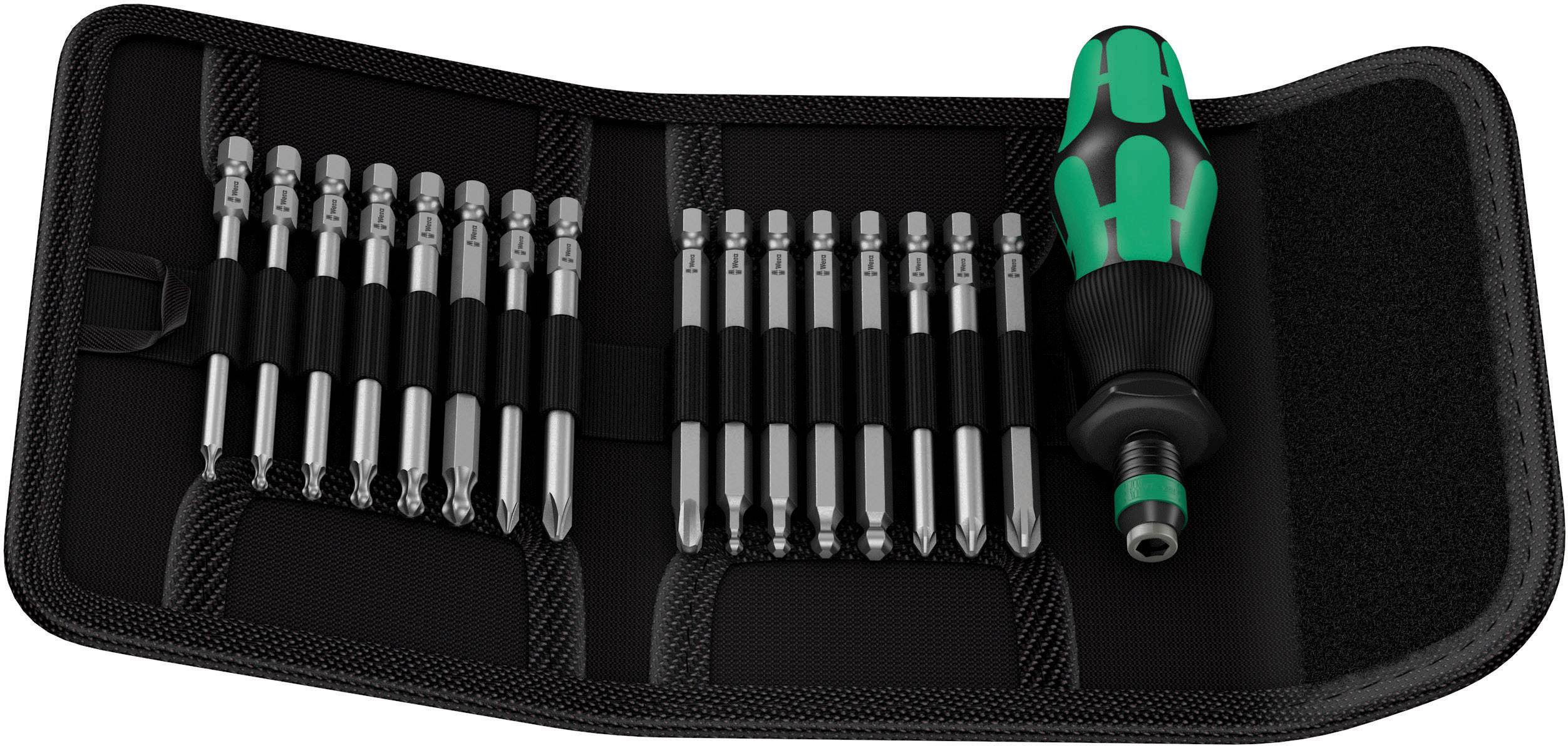 Tool set with a screwdriver and 15 different bits in an open black pouch.