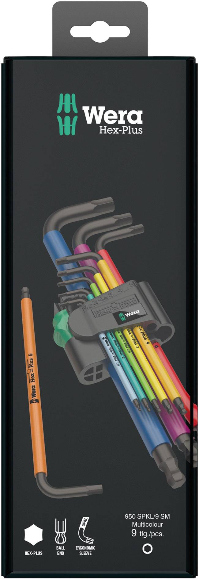 'Wera Hex-Plus' hand tool set with nine coloured Allen keys in a compact holder, shown on the packaging.