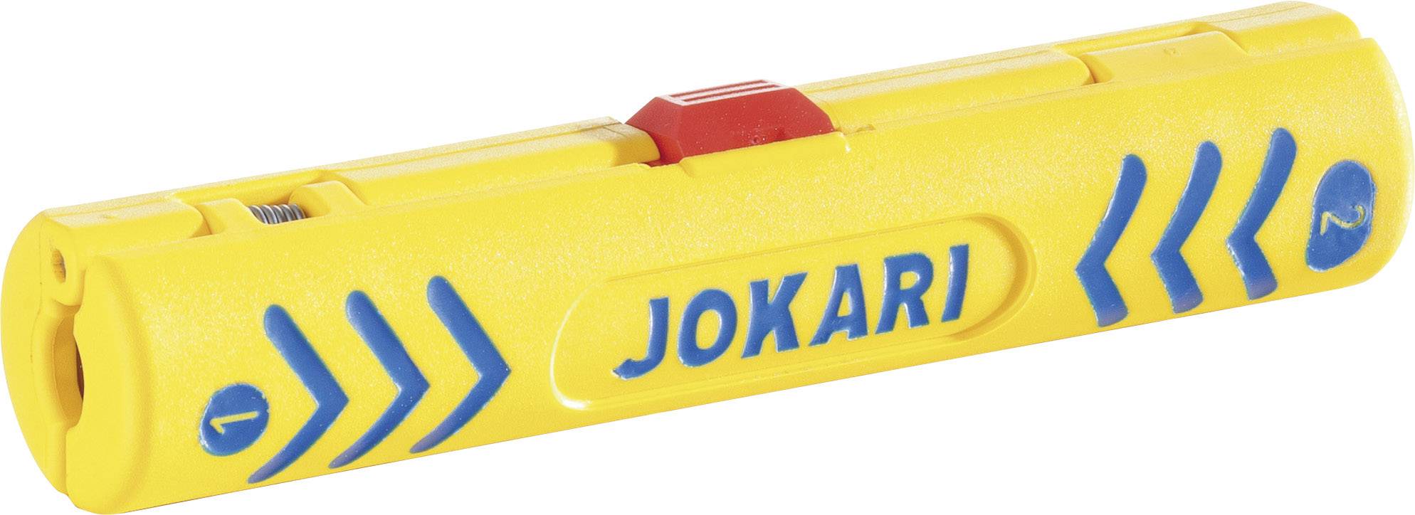 Yellow Jokari cable stripping tool with blue arrows and logo, designed for cable stripping.