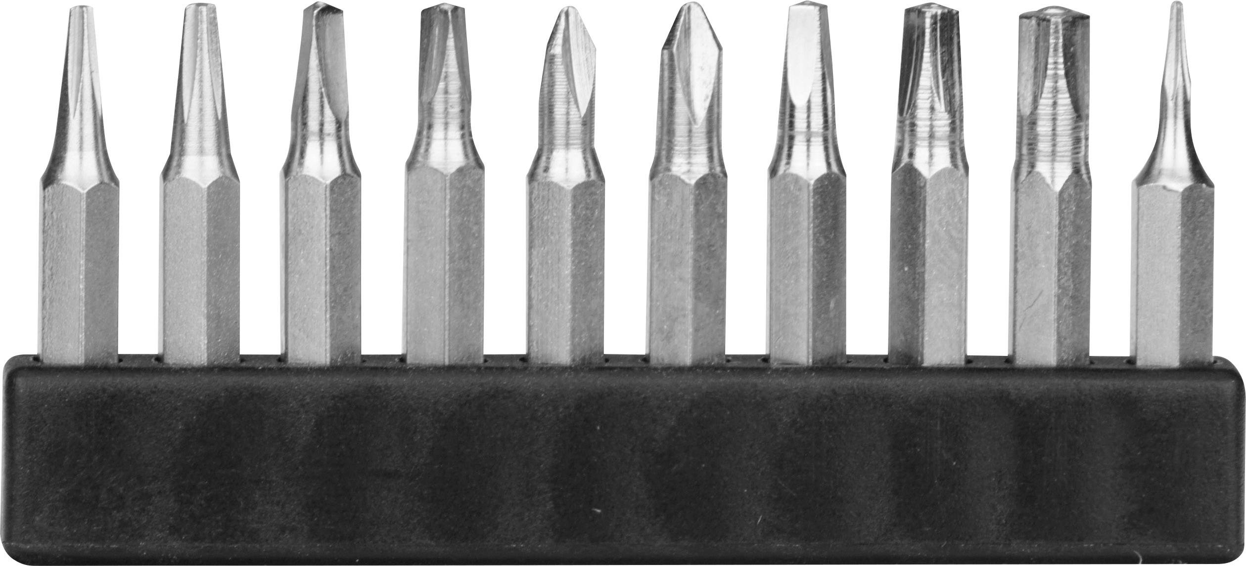 A set of ten screwdriver bits in various shapes and sizes, arranged in a black holder.