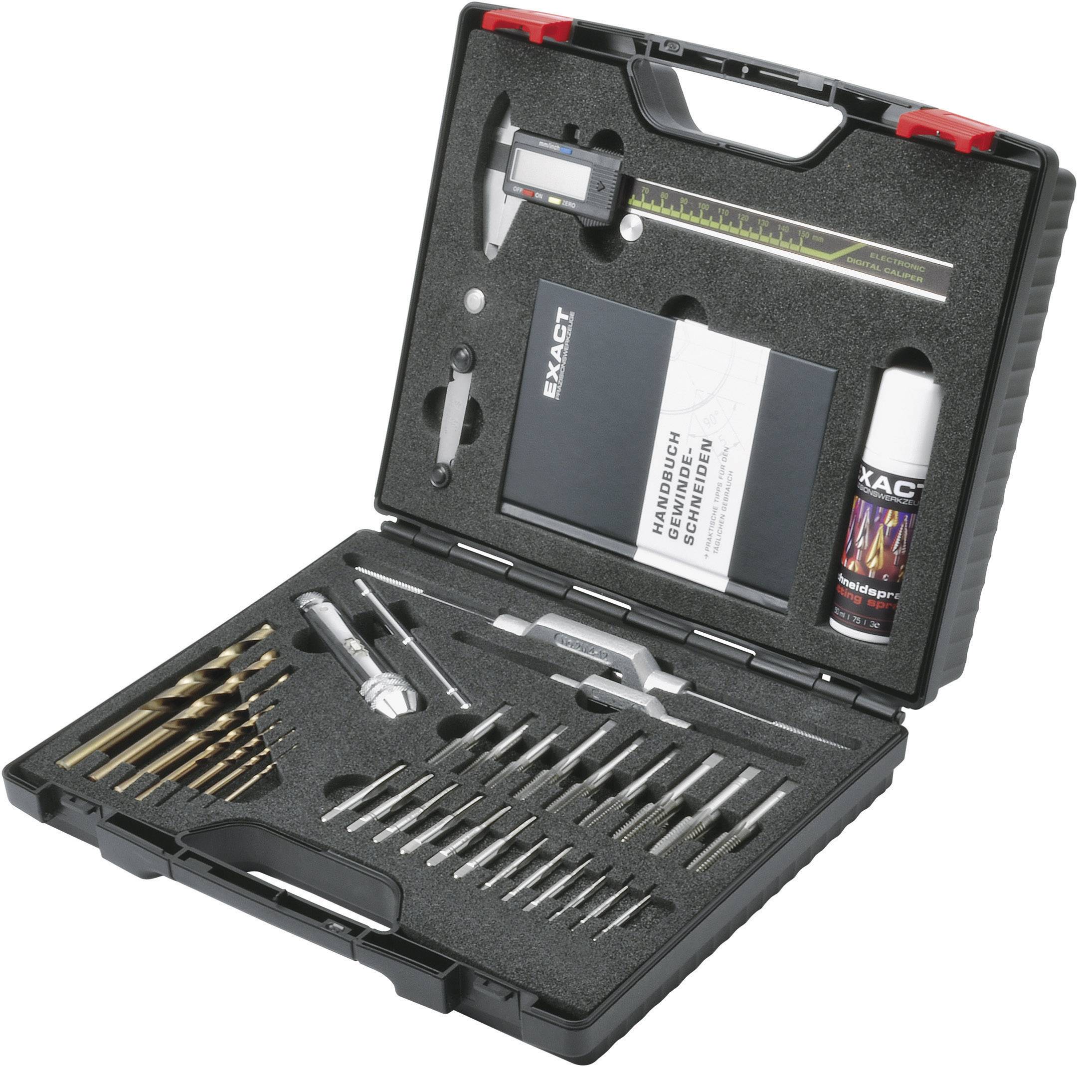 'EXACT' tool kit with drill bits, digital vernier caliper, lubricant and handbook, all neatly arranged in the case.