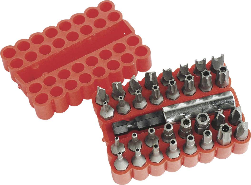 Red plastic case with 32 different screwdriver bits, some star-shaped, for use with a screwdriver handle.