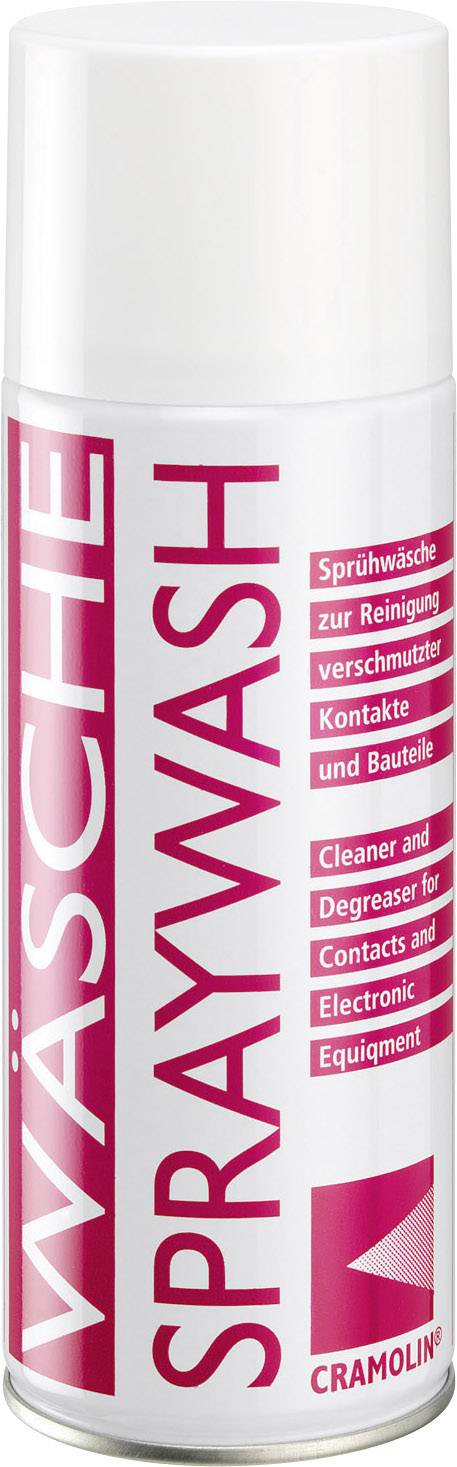 Dose Spraywash from Cramolin for cleaning and degreasing contacts and components. White packaging with red lettering.<br><br>Cramolin Spraywash Contact Cleaner for cleaning and degreasing electrical contacts and components. White packaging with red text.