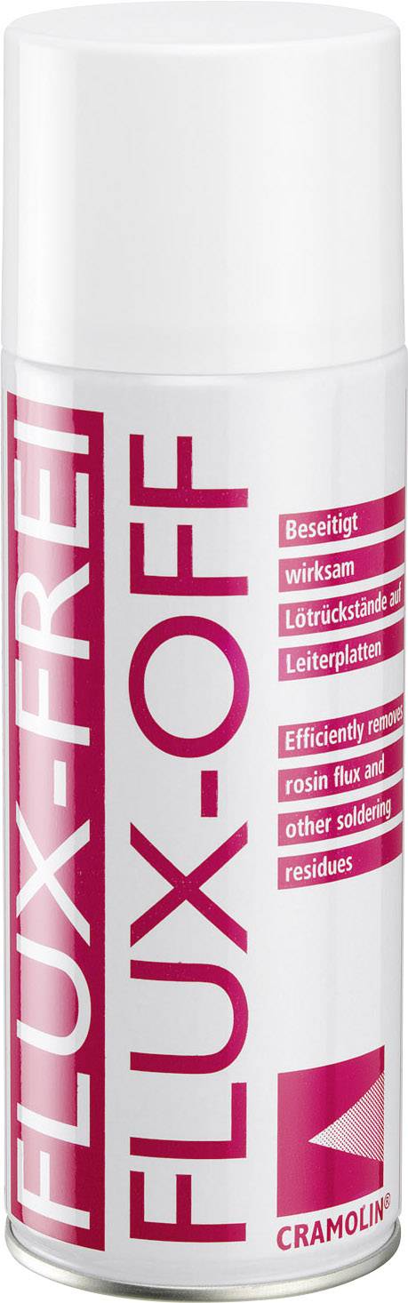 Spray can with the label 'Flux-Free, Flux-Off', efficiently removes flux and soldering residues.