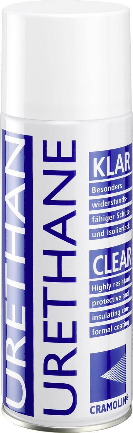 Spray can with the inscription 'URETHANE' and 'CLEAR'. Provides resistant protection and insulation; by Cramolin.