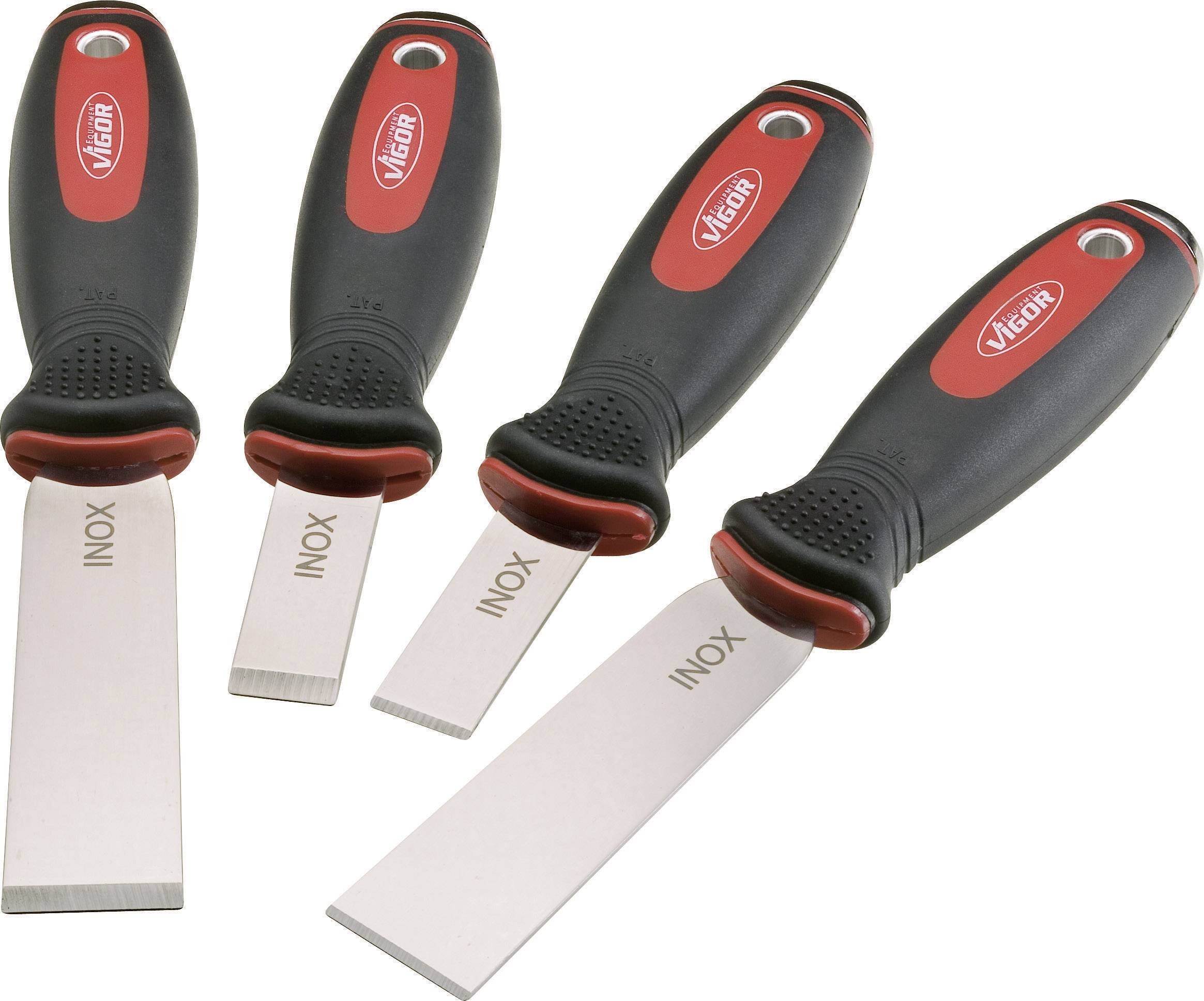 Four spatulas with black handles and stainless steel blades, marked with 'INOX', arranged on a white surface.