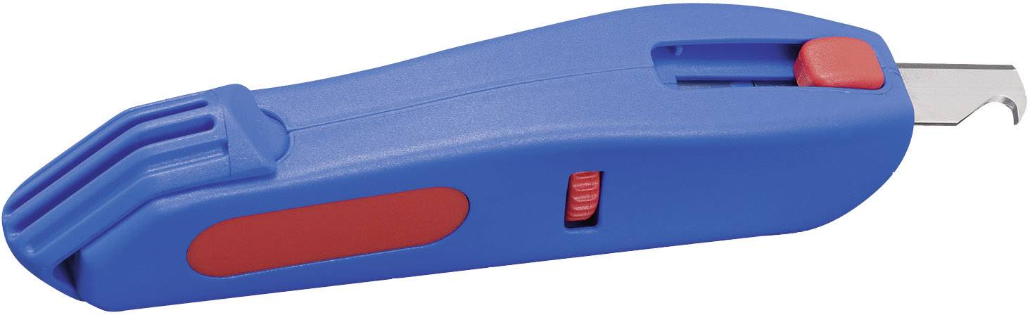 Blue cutting tool with a retractable blade and red safety button, used for opening packaging.