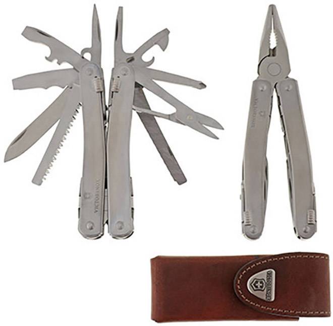 Multi-tool with open blades, pliers and saw. Alongside a brown leather holster. Ideal for outdoor activities.