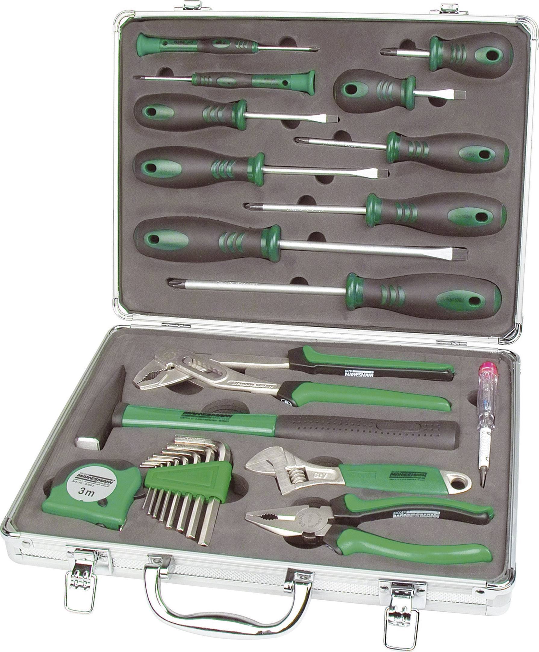 Metal toolbox with various tools: screwdrivers, pliers, measuring tape, spanners, and a knife.