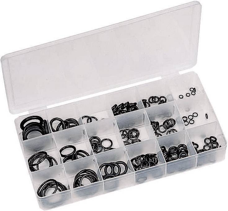 Transparent storage box with 18 compartments filled with small, black O-rings in various sizes. Lid is open.