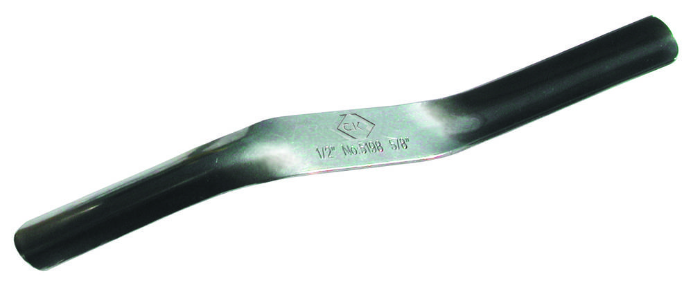 A black, metallic wire end ferrule with a central, flat impression and rounded ends.