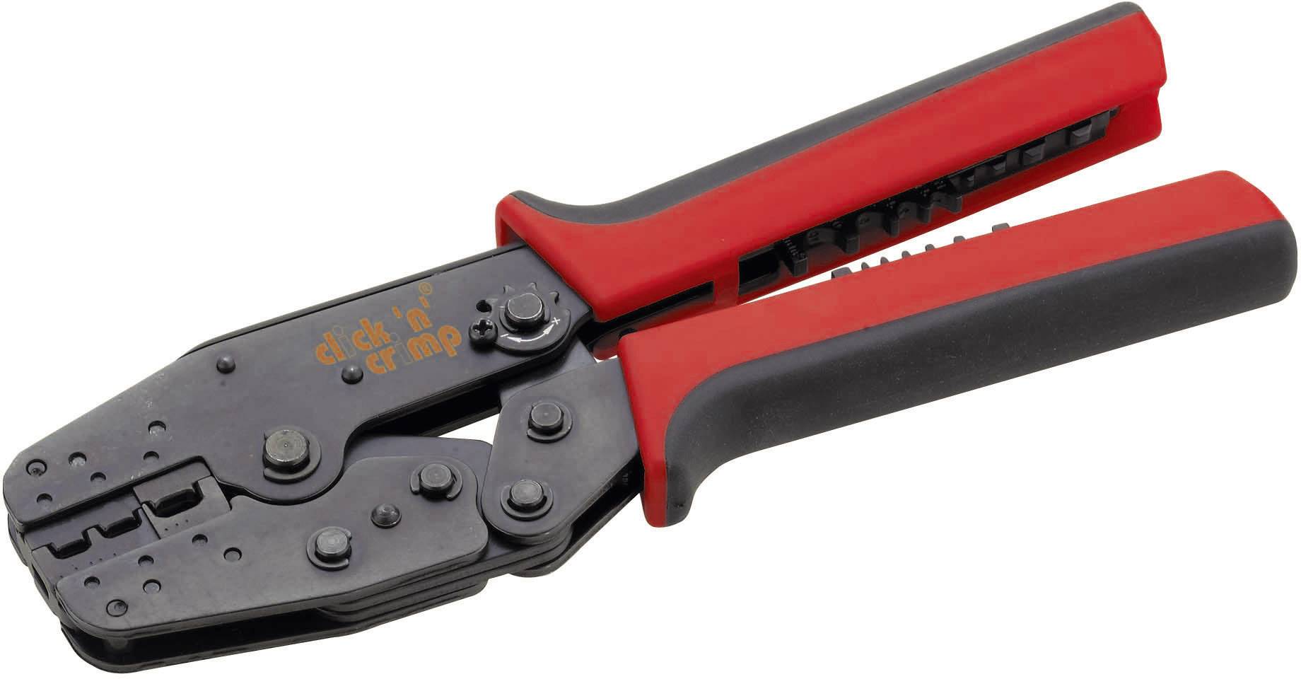 A red and black crimping pliers used for connecting cables and connectors. It is lying on a white surface.