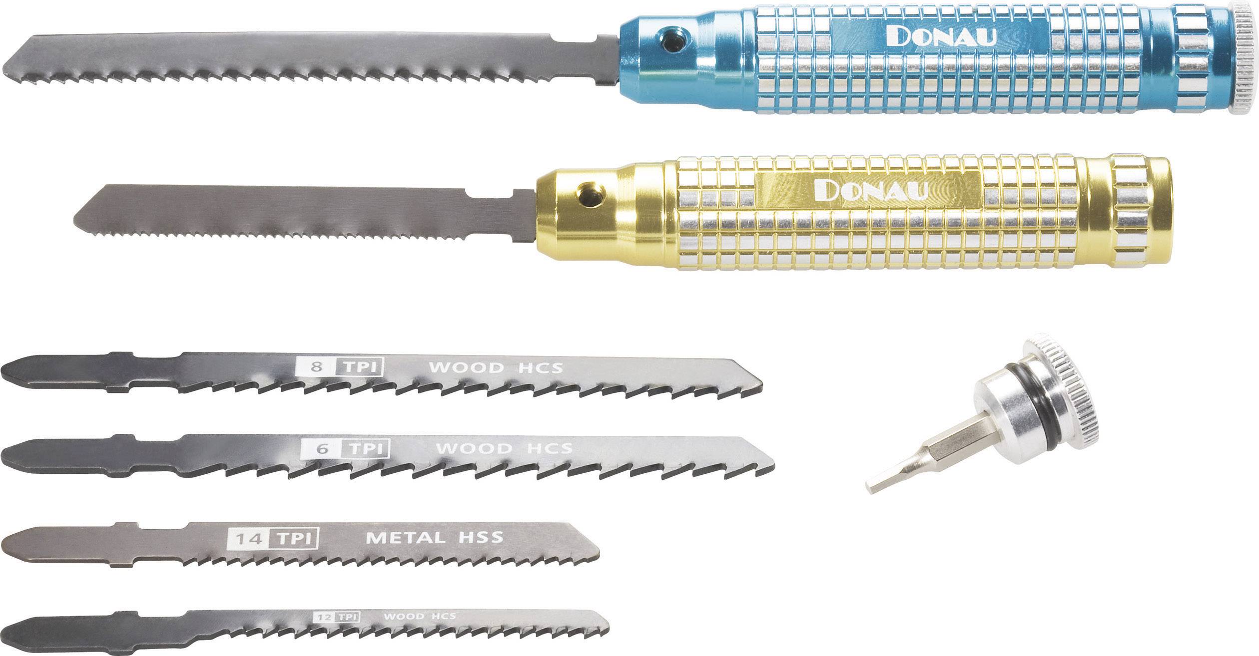 Two handles with saw blades, one in blue, one in gold. Four replacement saw blades for wood and metal, along with a screw head.