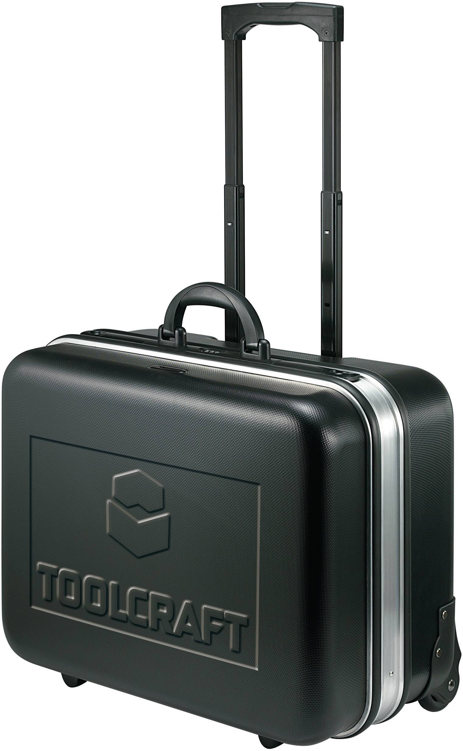 Black hard-shell case with handle and wheels, embossed with 'TOOLCRAFT'. Suitable for transporting tools and equipment.