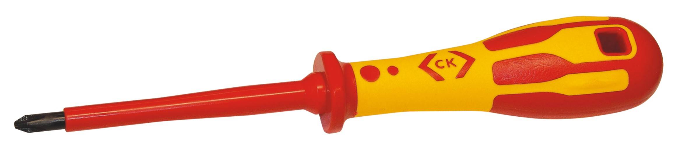 A red and yellow screwdriver with an insulated handle and Phillips head, suitable for electrical work.