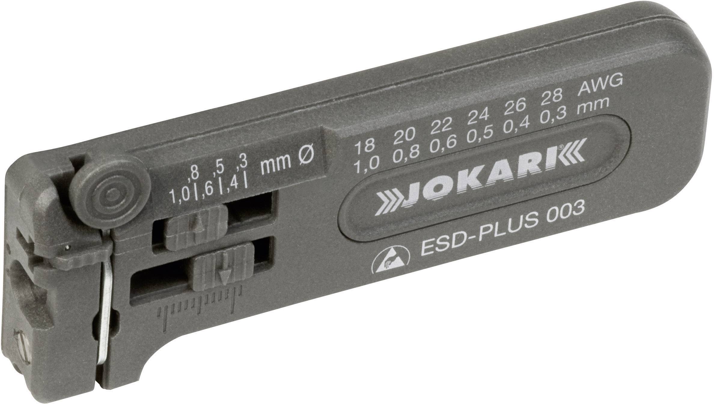 Jokari's Cable Stripper 'ESD-PLUS 003', a black plastic construction with measurement scales for cable diameters ranging from 0.2 to 8 mm.