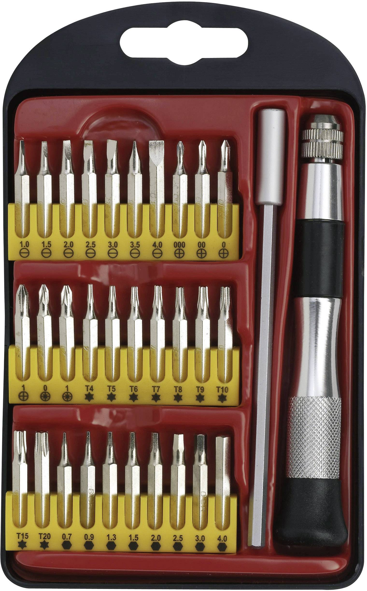 Set of 30 screwdriver bits with a handle, housed in a case. Various types of bits included, such as Torx and Phillips head.
