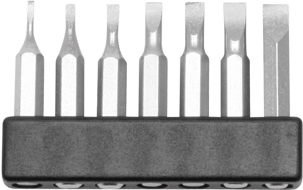 Set of seven silver screwdriver bits of different sizes arranged on a black holder.
