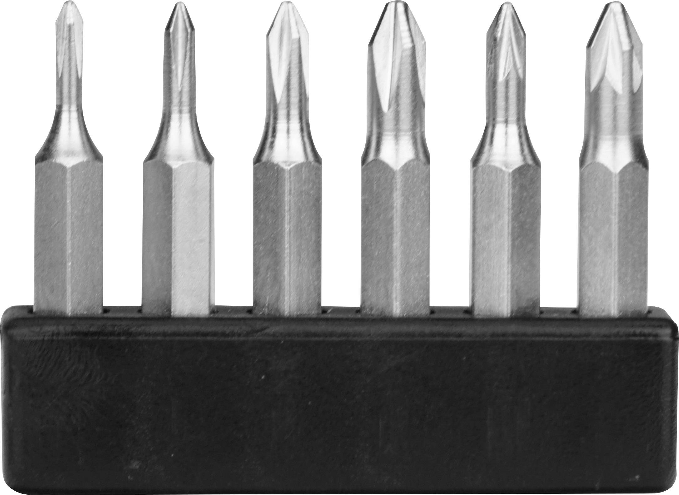 Six different screwdriver bits in a black holder, from left to right: flathead, Phillips, Torx.