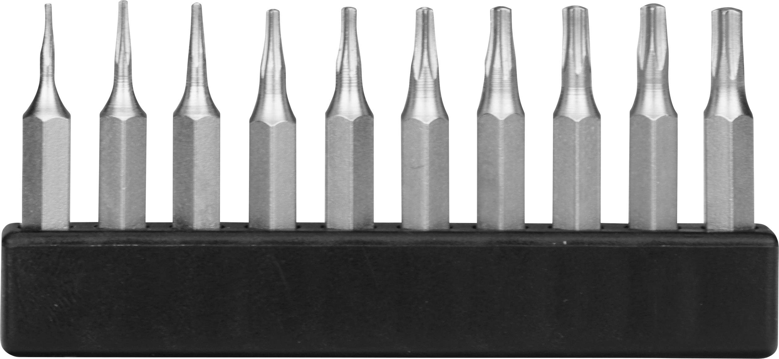 Ten different metal screwdriver bits in a black holder, suitable for various screw heads.