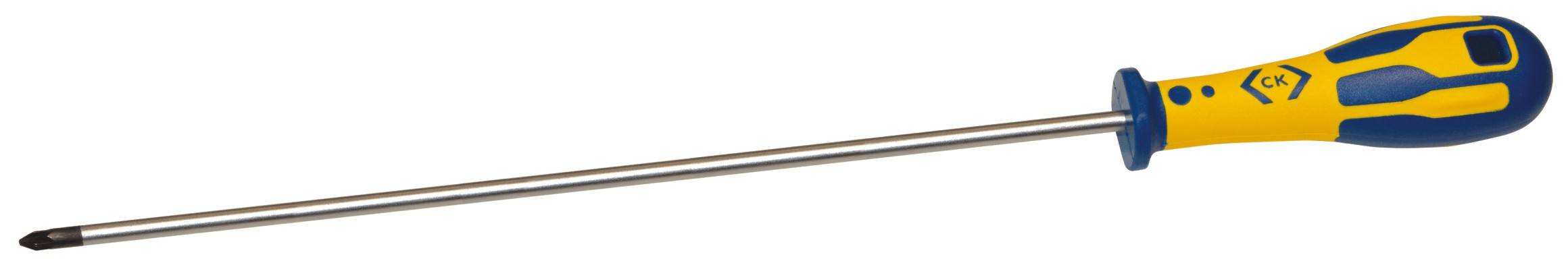A yellow and blue screwdriver with a long shaft and cross-shaped tip, suitable for loosening cross-head screws.
