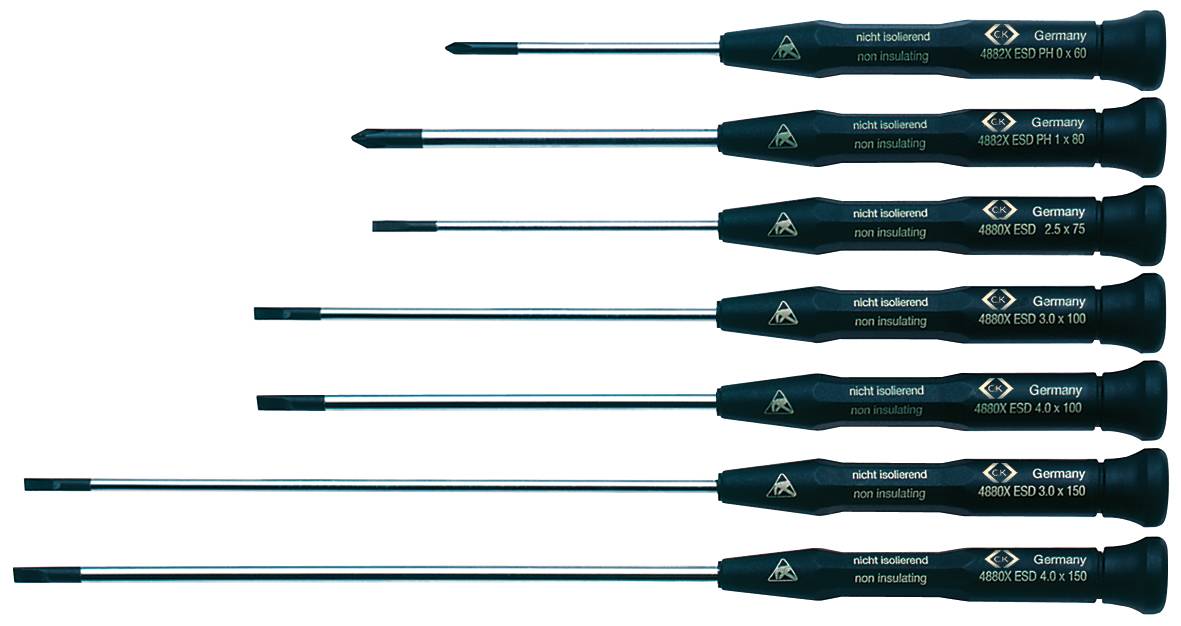 Set of seven precision screwdrivers in various sizes with labels indicating origin and electrical safety.