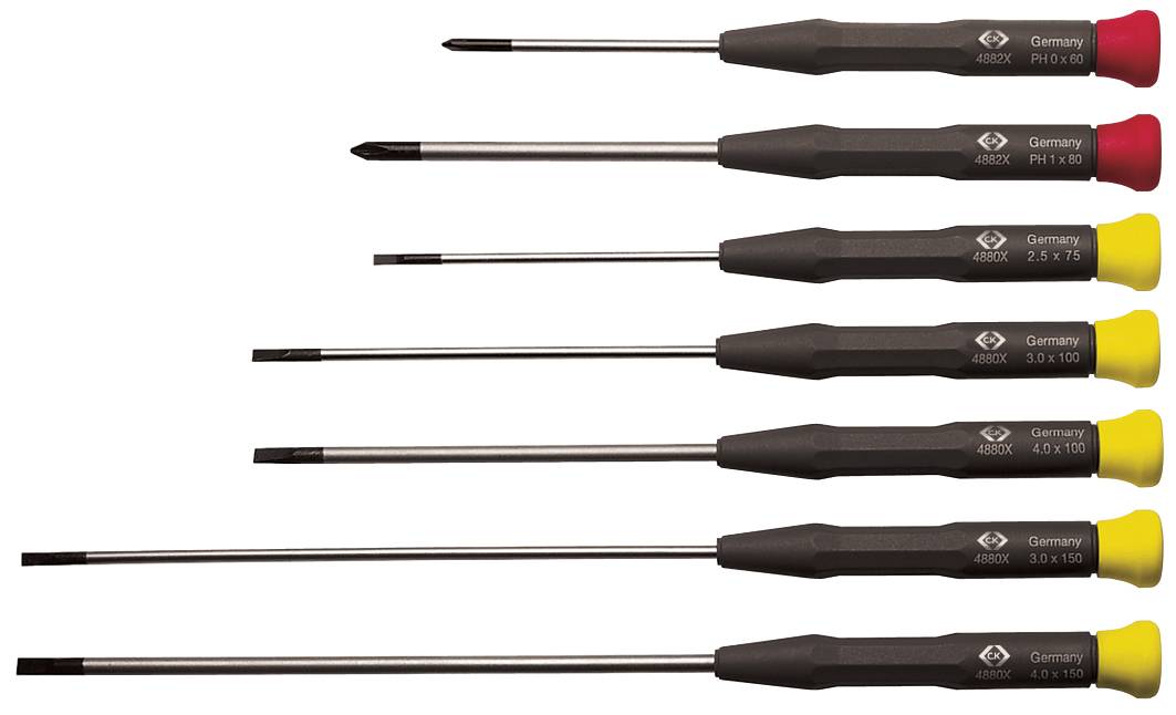 Six screwdrivers in different sizes, arranged horizontally. Handle ends are marked in red or yellow.