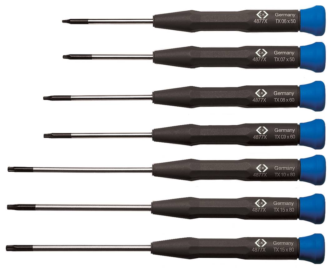 Six small screwdrivers with black handles and blue end caps, lined up in a row.