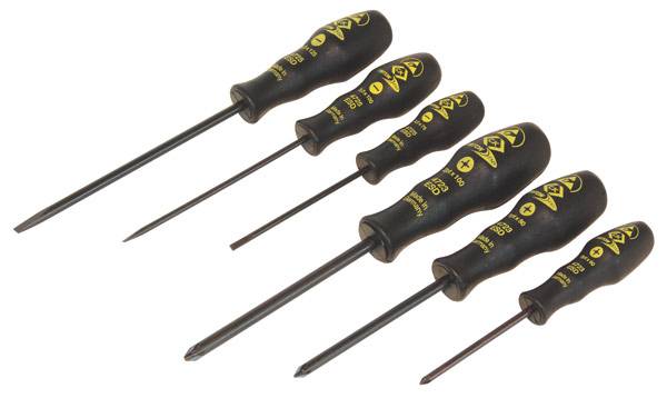 A set of six screwdrivers with black handles and yellow labelling, lying side by side in various sizes.