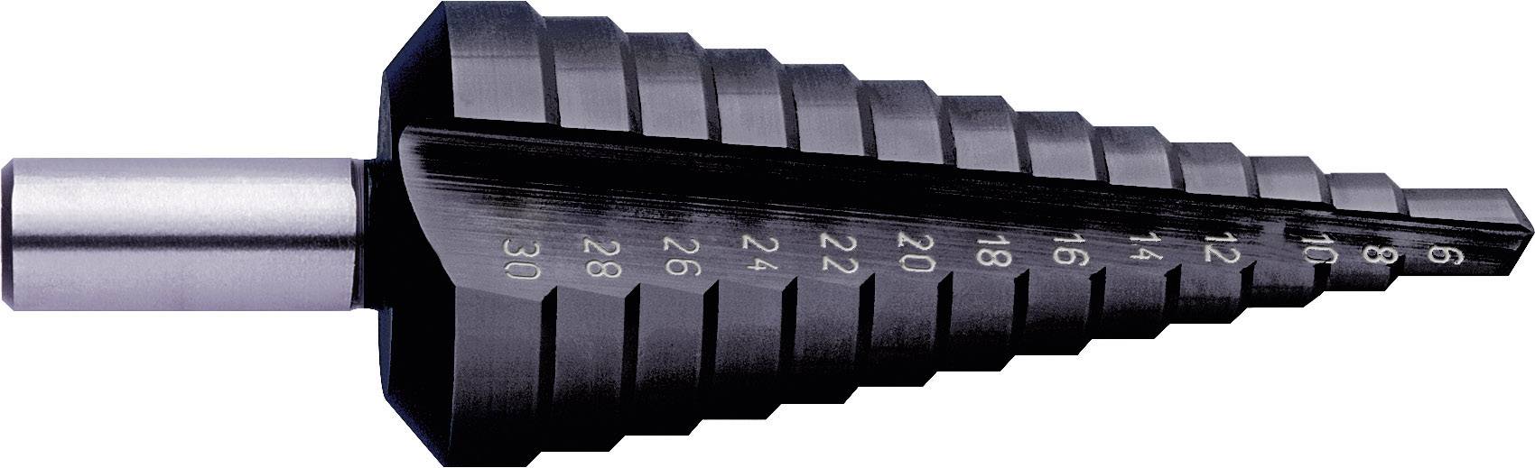 A step drill bit with graduated steps from 4 to 30 mm for drilling various hole sizes in metal or wood.