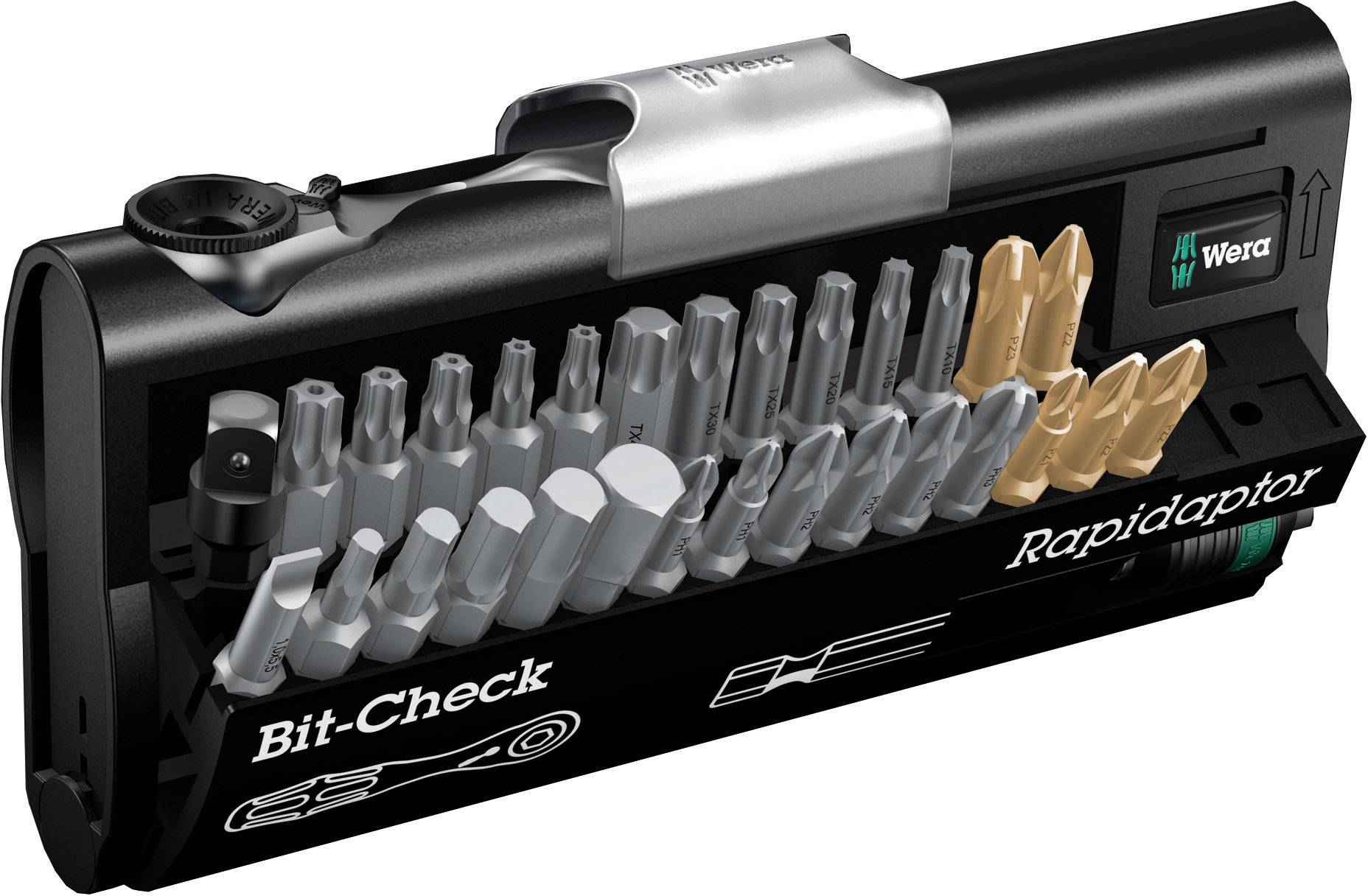 A Wera bit set displaying various screwdriver bits in a compact black case.
