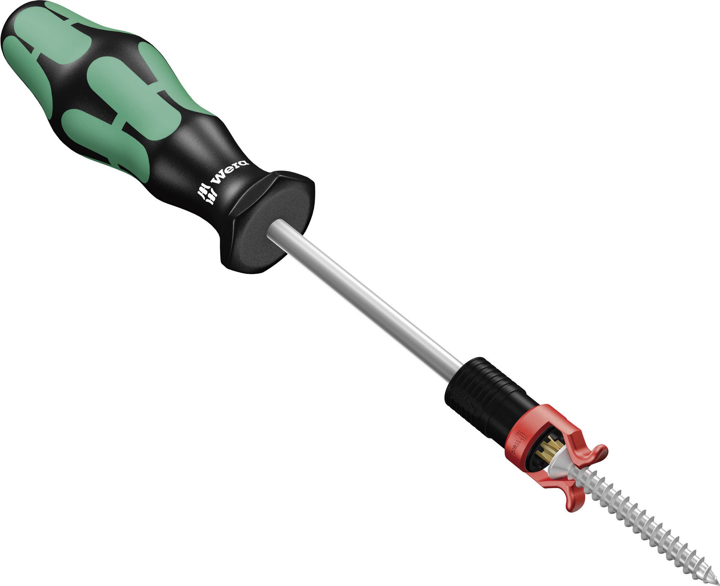 A screwdriver with a green-black handle and red retaining clip around a screw makes holding and tightening easier.