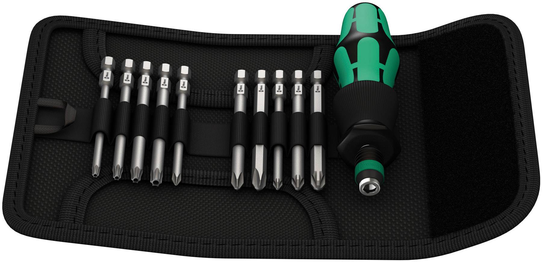 A set of screwdriver bits and a screwdriver in an open black case. Seven bits of various shapes and sizes.