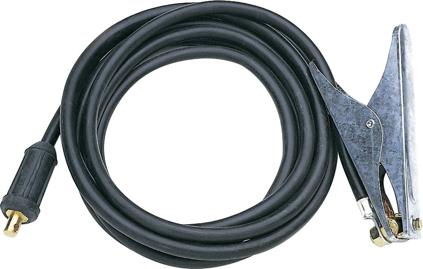 Black insulated charging cable with a metal clip at one end and a connector at the other end, for electrical power transmission.