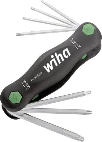 A multi-tool with several hexagonal keys in different sizes is half-open. Caption reads 'Wiha PocketStar'.