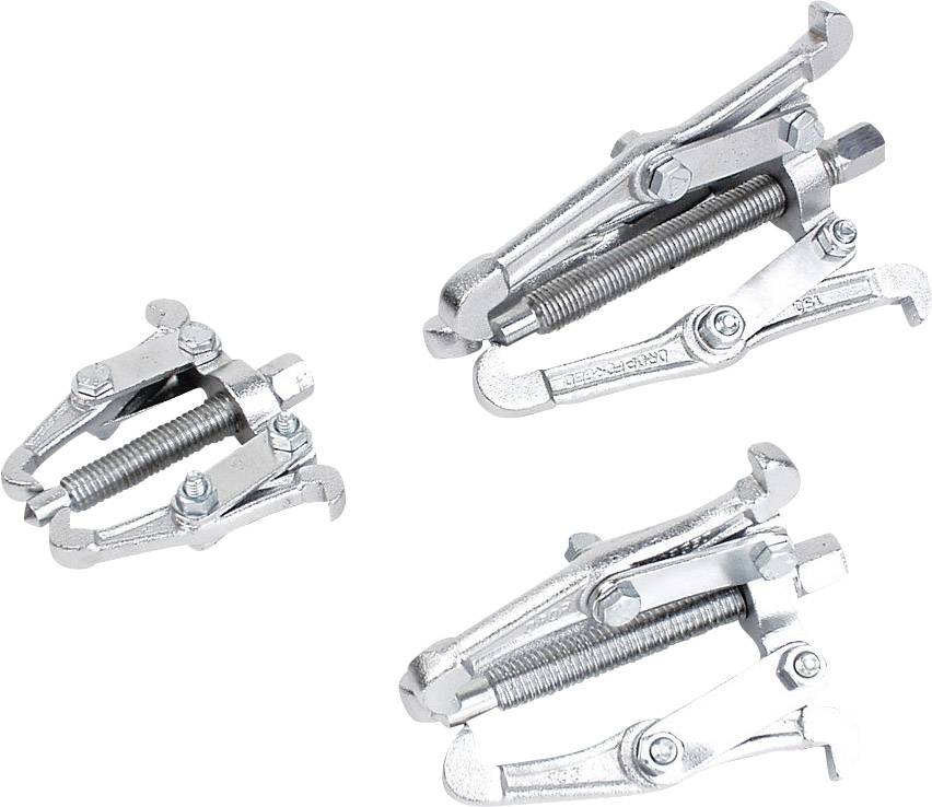 Three metal pullers in different sizes on a white background. The puller has two arms and is suitable for removing bearings.